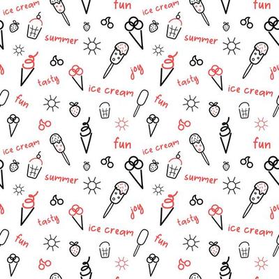 Ice cream pattern. Summer seamless background in white, red and black colors. Vector hand drawn print for textile, wrapping, cafe decor