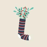 Decorative twigs with berries in a colored striped sock. Vector illustration in flat style