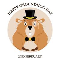 Happy Groundhog Day. Round sticker illustration depicting an elegant groundhog in a top hat and tie. Vector illustration cartoon style