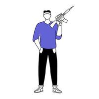 Hombre que sostiene la ilustración de vector de silueta plana de rifle. persona armada. ladrón con arma. terrorista. galería de tiro. 2d personaje de contorno aislado sobre fondo blanco. dibujo de estilo simple