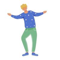 Cheerful young man flat vector illustration. Smiling guy with joyful welcome gesture. Holiday celebration. Adolescent full body caucasian dancer isolated cartoon character on white background