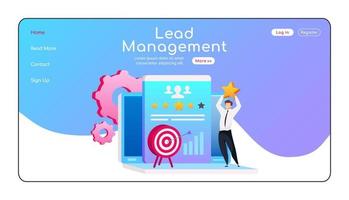 Lead management landing page flat color vector template. Smiling man standing on laptop homepage layout. CRM system one page website interface with cartoon character. Customer data web banner, webpage