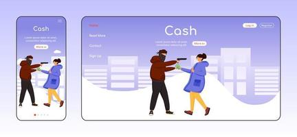 Cash theft adaptive landing page flat color vector template. Thief threatening girl. Street robbery mobile and PC homepage layout. Armed attack one page website UI. Webpage cross platform design