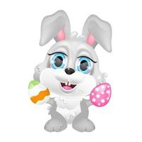 Lindo conejito de pascua con huevos personaje de vector de dibujos animados kawaii. adorable y divertido animal aislado pegatina, parche. símbolo de caza de huevos. Conejo feliz del bebé del animado, emoji de la liebre sonriente en el fondo blanco