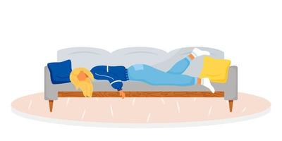 Fatigue flat color vector faceless character. Tired woman lying on couch. Tired adult, overworked female. Lady taking nap. Asleep, exhausted person. Symptoms of disease isolated cartoon illustration