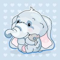 Lindo personaje de vector de dibujos animados de elefante kawaii. Adorable y divertido animal que abraza la etiqueta engomada aislada del juguete de peluche de la felpa, parche. anime, bebé, niño, elefante, emoji, en, fondo azul