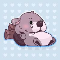 Cute beaver kawaii cartoon vector character. Adorable, happy and funny animal resting on wood logs isolated sticker, patch. Anime lazy baby boy beaver emoji on blue background