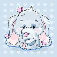 Lindo personaje de vector de dibujos animados de elefante kawaii. animal adorable y divertido con etiqueta engomada aislada de las mariposas, parche, impresión de los niños. anime, bebé, niño, elefante, emoji, en, fondo azul