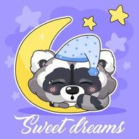 Cute raccoon kawaii character social media post mockup. Sweet dreams lettering. Positive poster, card template with sleeping animal and moon. Social media content layout. Print, kids book illustration vector