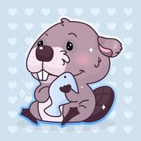 Cute beaver kawaii cartoon vector character. Adorable, happy and funny animal hugging fish isolated sticker, patch. Anime satisfied baby boy beaver with food emoji on blue background