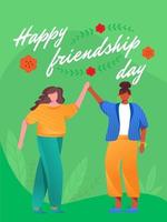 Happy friendship day poster vector template. Multinational friends. Brochure, cover, booklet page concept design, flat illustrations. Social diversity. Advertising flyer, leaflet, banner layout idea