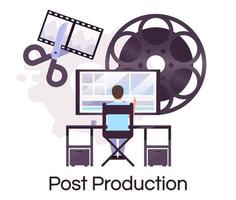 icono de concepto plano de postproducción. videografía, multimedia y cinematografía, autoadhesivo, clipart. edición de videos y películas. ingeniero de televisión, productor. ilustración de dibujos animados aislado sobre fondo blanco vector