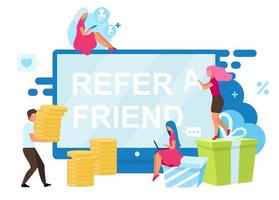 Refer a friend bonuses flat vector illustration. Customer attraction strategy. SMM, digital marketing tool. Referral programs cartoon concept isolated on white. Influencer marketing, word of mouth