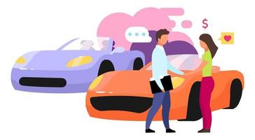 Choosing car in showroom flat vector illustration. Buying new auto at dealership. Product expert, consultant. Customer and seller, shopping assistant isolated cartoon character on white background