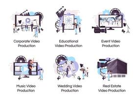 conjunto de iconos de concepto plano de producción de vídeo. pegatinas de videografía y realización de películas, paquete de cliparts. evento, corporativo, filmación de videos musicales. ilustraciones de dibujos animados aislados sobre fondo blanco vector