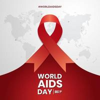 Día mundial del sida el 1 de diciembre con cinta roja sobre fondo de mapa del mundo cortado en papel vector
