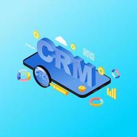 Ilustración isométrica de la aplicación del sistema de crm para teléfonos inteligentes. aplicación móvil de gestión de relaciones con el cliente, software. Métricas de ventas, análisis de datos del cliente en concepto de teléfono 3d aislado sobre fondo azul. vector