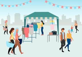 Woman buying clothes at street market flat vector illustration. Trade tent, fair awning. Buyer at outdoor local clothing store, shop. People walk summer fair. Market tent with second hand clothes
