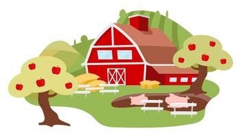 Countryside farm yard flat illustration. Livestock farming cartoon concept isolated on white background. Apple trees, pigs near barn. Agriculture and organic farming. Village, rural farmland, ranch vector