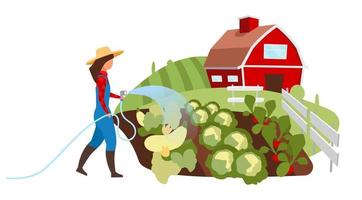 Vegetable farming flat illustration. Female farmer watering field, garden with hose cartoon character. Vegetable crop plants cultivation. Countryside farm, ranch works. Agricultural produce growing