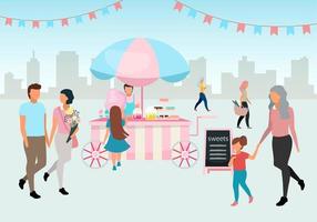 Sweets and cotton candy food cart flat illustration. Street market trolley. Outdoor confectionery, bakery. People walk summer fair. Festival, carnival pink market stall with confections and pastry vector