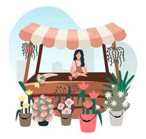Flowers market stall with seller flat illustration. Street local store vendor selling houseplants, bouquets. Florist cartoon character. Shopping booth, wooden shopping counter with striped awning