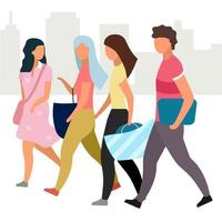 Friends walking together flat vector illustration. Girls and guy at city street cartoon characters. Students, tourists going and talking. Friendship concept. Group of people spending time, meeting