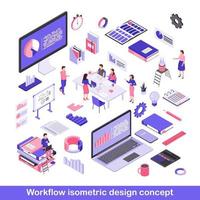 conjunto de ilustraciones vectoriales isométricas de flujo de trabajo. organización del proceso de trabajo, lugar de trabajo, elementos del espacio de trabajo. infografías, análisis de datos y estadísticas, elementos de negocios 3d. herramientas estacionarias de oficina vector