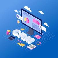 CRM software isometric vector illustration. Client data analytics and storage. Customer relationship management service, platform. Business automation. Sales, marketing statistics analyzing 3d concept