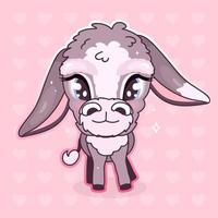 Cute donkey kawaii cartoon vector character. Adorable and funny cool animal isolated sticker, patch, girlish illustration. Anime baby girl sad mule, burro emoji on pink background
