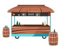 Bar food truck flat vector illustration. Cocktail lounge food court. Saloon service on wheels. Drinkery car. Alcohol selling trailer, barrels tables isolated on white background