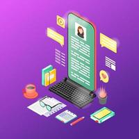 Mobile marketing content isometric vector illustration. Copywriting, storytelling 3d concept. Copywriter, content writer workplace. Smartphone with keyboard and stationery items isolated clipart