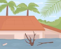 Ilustración de vector de color plano de tormentas tropicales. Consecuencias del huracán que tocó tierra. peligroso aumento del nivel del mar. experimentando inundaciones terrestres paisaje urbano de dibujos animados en 2d con palmeras en el fondo