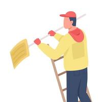 Cleaner with shovel on ladder semi flat color vector character. Posing figure. Full body person on white. Winter season isolated modern cartoon style illustration for graphic design and animation