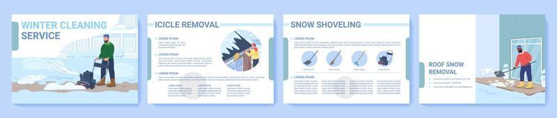 Winter snow cleaning services flat vector brochure template. Flyer, booklet, printable leaflet design with flat illustrations. Magazine page, cartoon reports, infographic posters with text space