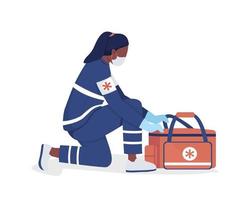 Personaje de vector de color semi plano de asistente de ambulancia femenina. persona de cuerpo entero en blanco. enfermera con kit de suministros para desastres aislado ilustración de estilo de dibujos animados moderno para diseño gráfico y animación