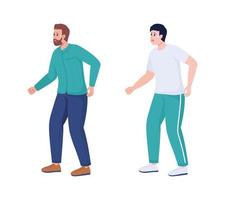 Conjunto de caracteres vectoriales de color semi plano de hombres molestos. figuras de pie. personas de cuerpo entero en blanco. Sentir tensión emocional aislado ilustraciones modernas de estilo de dibujos animados para diseño gráfico y animación. vector