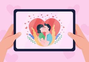 Ilustración de vector de color plano de relación romántica. socios abrazándose. afecto por el amante. Besos pareja enamorada personajes de dibujos animados en 2d con la primera vista de la pantalla de la tableta en el fondo