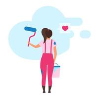 Girl painting wall with roller semi flat color vector character. Full body person on white. Amateur interior painter isolated modern cartoon style illustration for graphic design and animation