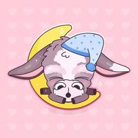 Lindo personaje de vector de dibujos animados de kawaii de burro dormido. animal durmiente adorable y divertido en la etiqueta engomada aislada del casquillo de la noche, parche. la hora de acostarse, la noche. mula bebé anime, emoji burro sobre fondo rosa