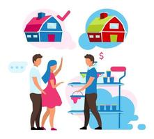 Shop assistant helping clients semi flat color vector characters. Full body people on white. Choosing paint at store isolated modern cartoon style illustration for graphic design and animation