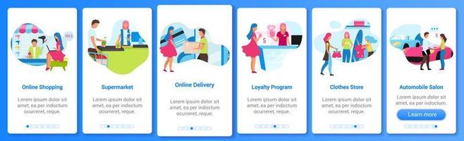 Customer and seller onboarding mobile app screen vector template. Shopping online and at stores. Walkthrough website steps with flat characters. UX, UI, GUI smartphone cartoon interface concept