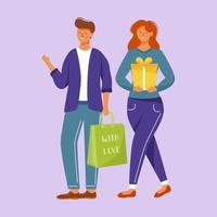 Couple going for birthday flat vector illustration. Joyful full body people walking to party. Happy caucasian man and woman holding anniversary presents isolated cartoon character on violet background