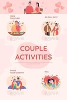 Couple activities flat color vector infographic template. Spending quality time togethe. Poster with text, PPT page concept design with cartoon character. Creative data visualization. Info banner idea