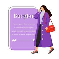 Female robber flat color vector character quote. Careless woman. Street robbery. Distraction. Citation blank frame template. Speech bubble. Quotation empty text box design