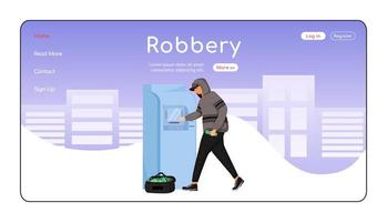 ATM robbery landing page flat color vector template. Financial scam. Money theft. Thief withdrawing money. Homepage layout. One page website interface with cartoon character. Web banner, webpage