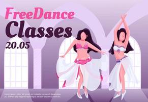 Bellydance free class banner flat vector template. Brochure, poster concept design with cartoon characters. Exotic dance studio lessons horizontal flyer, leaflet with place for text