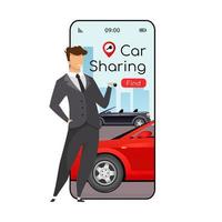 Car sharing cartoon smartphone vector app screen. Mobile phone display with flat character design mockup. Group transport rent. Ride sharing, carpooling application telephone interface