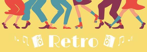 Retro style party banner flat vector template. 1950s disco horizontal poster word concepts design. Cartoon illustrations with typography and rock n roll dancers legs on vintage yellow background