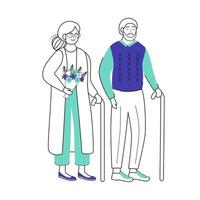 Retired people flat vector illustration. Senior age family with walking stick. Old couple. Elderly woman with flowers. Pensioners isolated cartoon characters with outline elements on white background